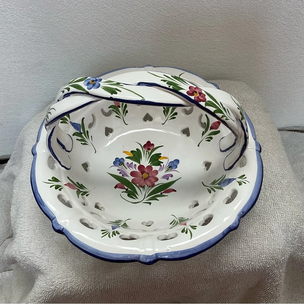 Vintage RCNCL White Porcelain Basket With Blue Trim And Floral Detail Braided